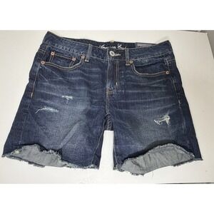 American Eagle Midi Jean Shorts Women's Size 4 Dark Blue Denim Cutoff  Raw Hem